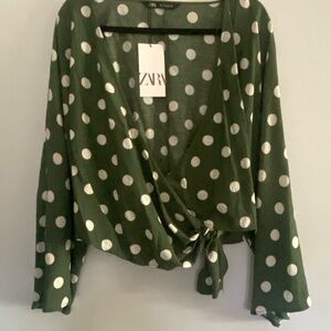 Zara Forest Green Polka Dot Wrap Top